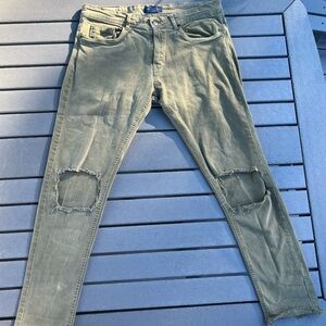Olive; Bull Denim; Ripped Style Skinny Jeans; Minor/No Visible Wear; 32in